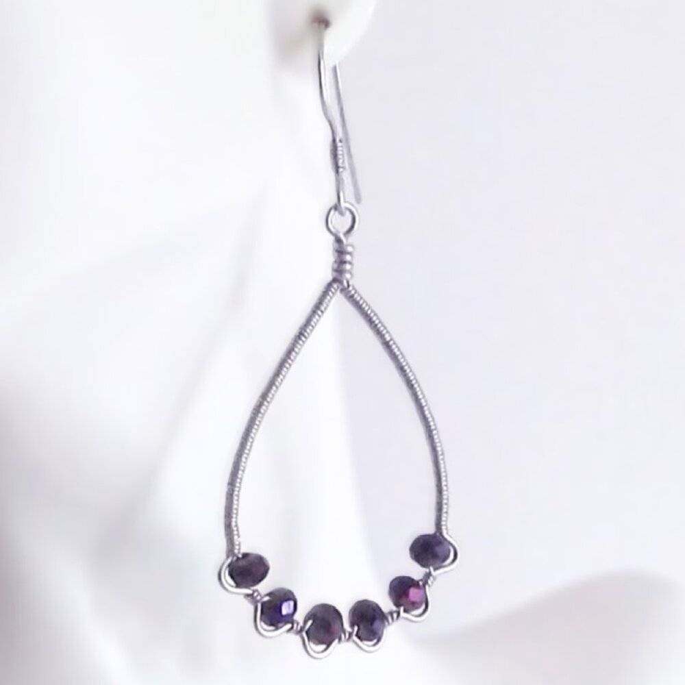 Metallic Purple Crystals Wire Wrapped ZigZag Teardrop Hoop Earrings - Picture 2 of 3